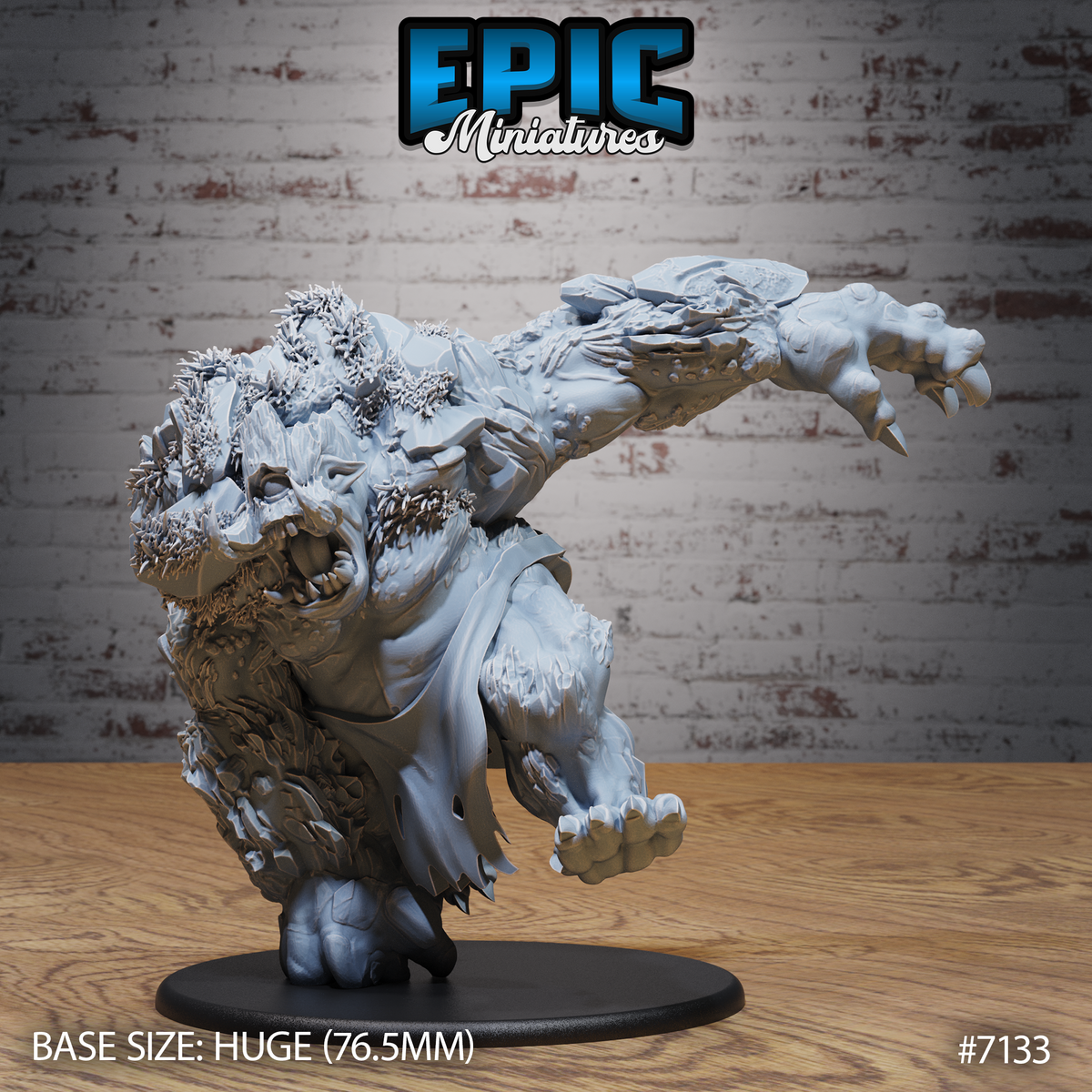 Savage troll lunging forward, one clawed arm outstretched and jaws wide open in a snarl, body covered in thick bark, moss and woody growth, ragged cloak torn at the hem, mounted on a huge round base. Sculpt by Epic Miniatures.