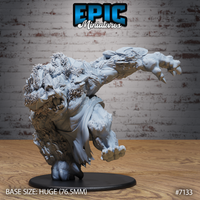 Savage troll lunging forward, one clawed arm outstretched and jaws wide open in a snarl, body covered in thick bark, moss and woody growth, ragged cloak torn at the hem, mounted on a huge round base. Sculpt by Epic Miniatures.