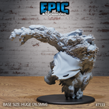 Heavily textured troll mid-lunge seen from behind and side, revealing dense layers of bark, lichen, and jagged organic spurs across the shoulders and back, with a tattered cloak billowing outward and grasping claws extended. Sculpt by Epic Miniatures.