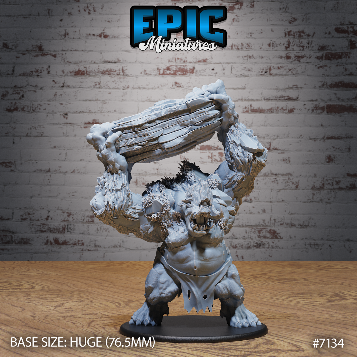 Huge nature troll miniature raising a thick layered rock slab overhead with both hands, snarling face with wide jaw and bared teeth, body covered in lichen, coarse fur, and stone outcroppings. By Epic Miniatures.
