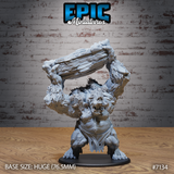 Huge nature troll miniature raising a thick layered rock slab overhead with both hands, snarling face with wide jaw and bared teeth, body covered in lichen, coarse fur, and stone outcroppings. By Epic Miniatures.