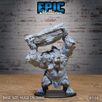 Huge nature troll miniature raising a thick layered rock slab overhead with both hands, snarling face with wide jaw and bared teeth, body covered in lichen, coarse fur, and stone outcroppings. By Epic Miniatures.