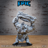 Nature troll miniature seen from the side, both arms hoisting a ridged stone slab aloft, back and shoulders densely textured with organic growths and jagged rock formations, crouching legs braced wide. By Epic Miniatures.