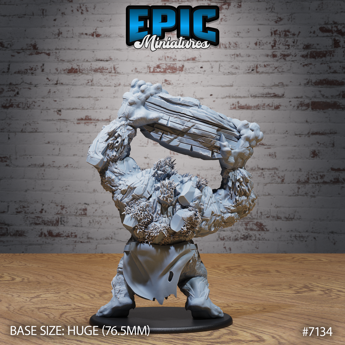 Nature troll miniature seen from the side, both arms hoisting a ridged stone slab aloft, back and shoulders densely textured with organic growths and jagged rock formations, crouching legs braced wide. By Epic Miniatures.