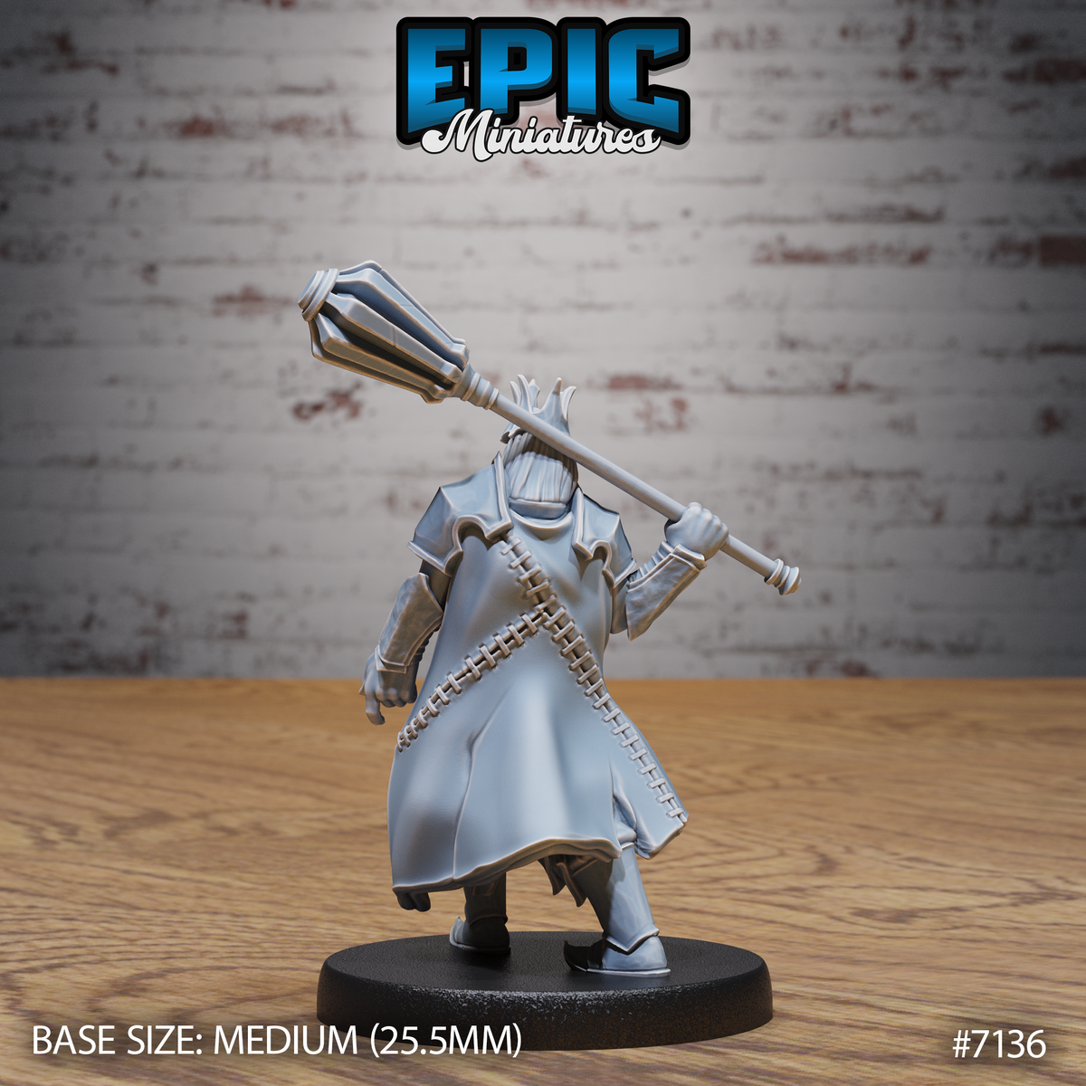 Rear angle of a crowned skeletal warrior in layered plate armour, a segmented bandolier across the back, mace raised overhead in a wide two-handed grip, sculpted by Epic Miniatures.