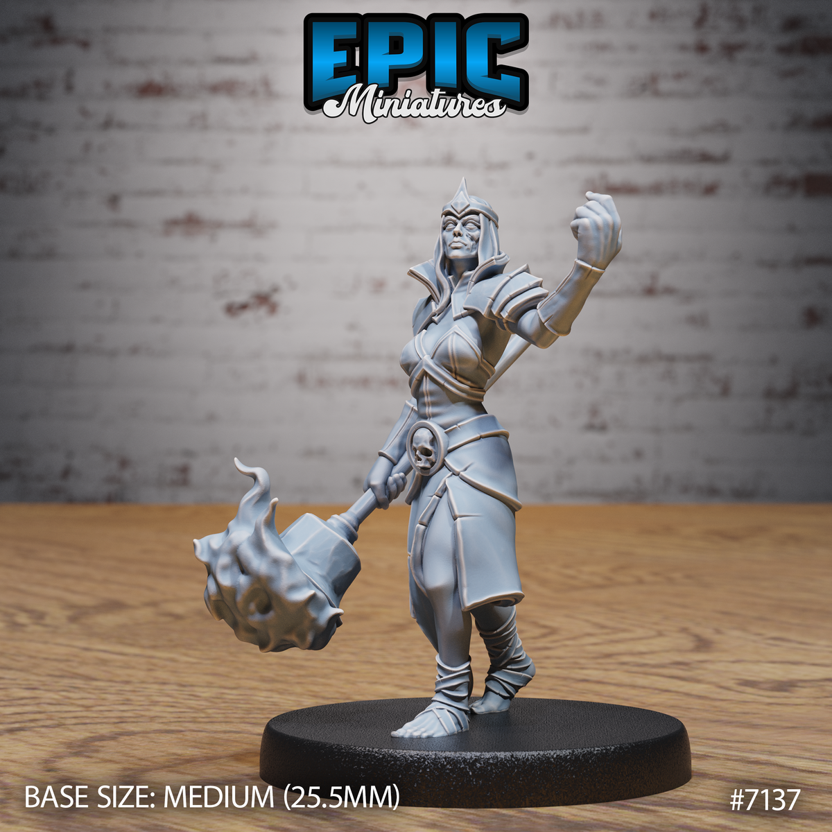Female undead warrior queen standing upright, one arm raised with fingers curled, holding a large flaming maul low in the other hand. Wears layered armour with skull belt medallion and pointed helm. Sculpt by Epic Miniatures.