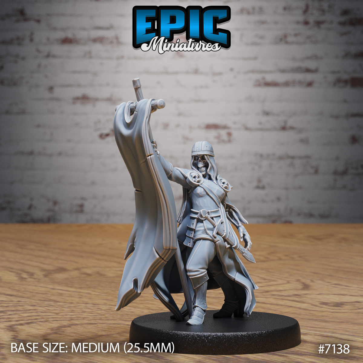 Skeletal female revenant in helm and layered armour, raising a large billowing banner overhead in one arm while the other hand grips a blade hilt. Long hair flows beneath a battered helmet. Sculpt by Epic Miniatures.
