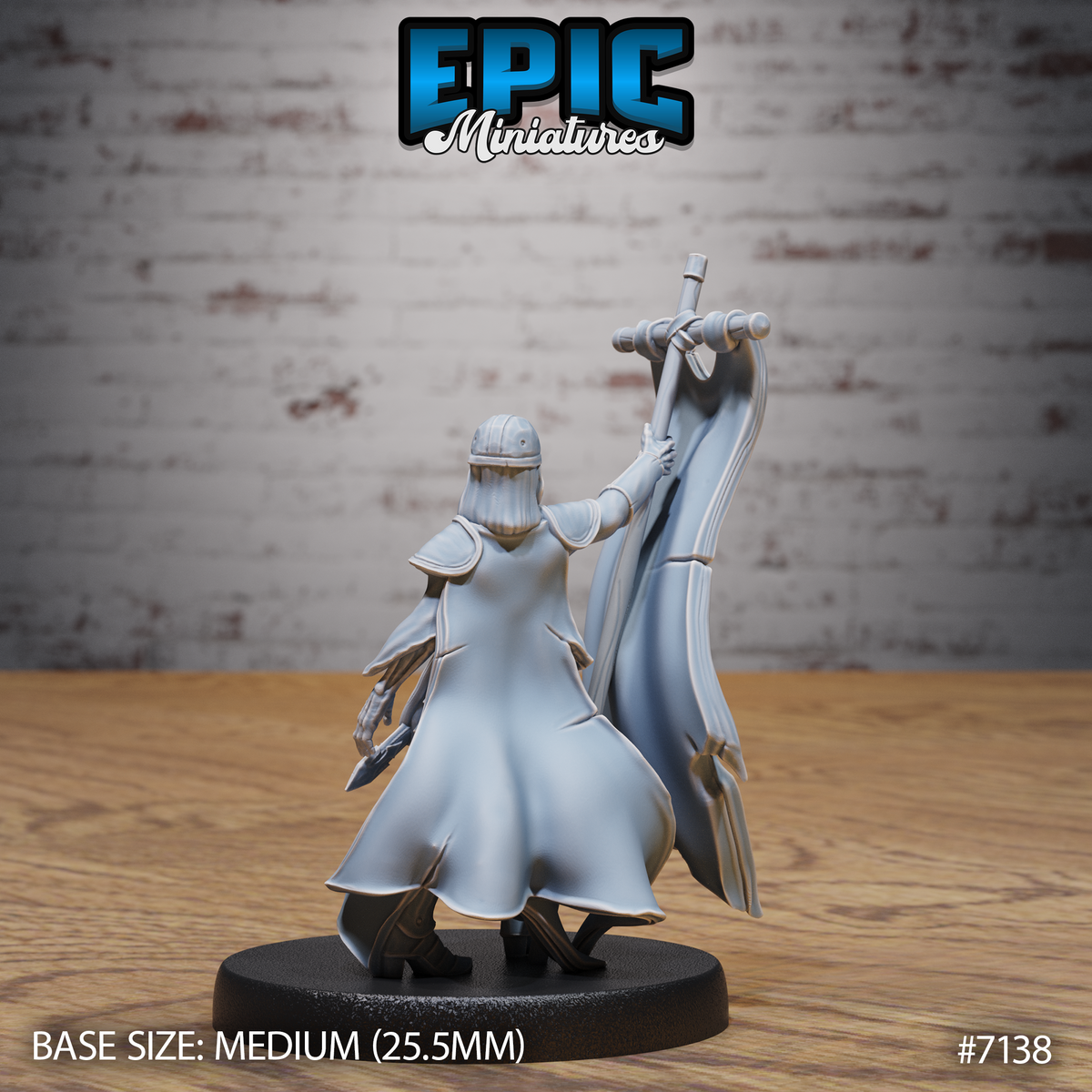 Skeletal female revenant seen from behind, holding a tall banner staff aloft with one raised arm, wearing layered armour with shoulder plates, long coat flowing at her sides. Bony hand visible at her side. Sculpt by Epic Miniatures.