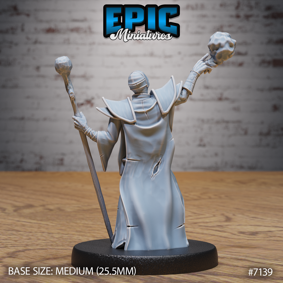 Necromancer with arms outstretched, one hand raising a jagged orb overhead and the other gripping a tall staff, seen from the rear showing a broad caped silhouette, smooth flowing robes and segmented back armour. Sculpt by Epic Miniatures.