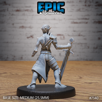 Undead elf fighter miniature seen from behind, longsword held low in one hand, tattered long coat parted at the rear, layered back armour and bracer detail visible, pointed ears framing the wrapped head. Sculpt by Epic Miniatures.