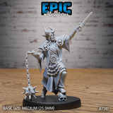 Horned undead tiefling raising a sword overhead, swinging a spiked flail on a chain, wearing layered robes over armour with skull shoulder medallions and a pentagram belt buckle. Sculpt by Epic Miniatures.
