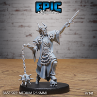 Horned undead tiefling raising a sword overhead, swinging a spiked flail on a chain, wearing layered robes over armour with skull shoulder medallions and a pentagram belt buckle. Sculpt by Epic Miniatures.