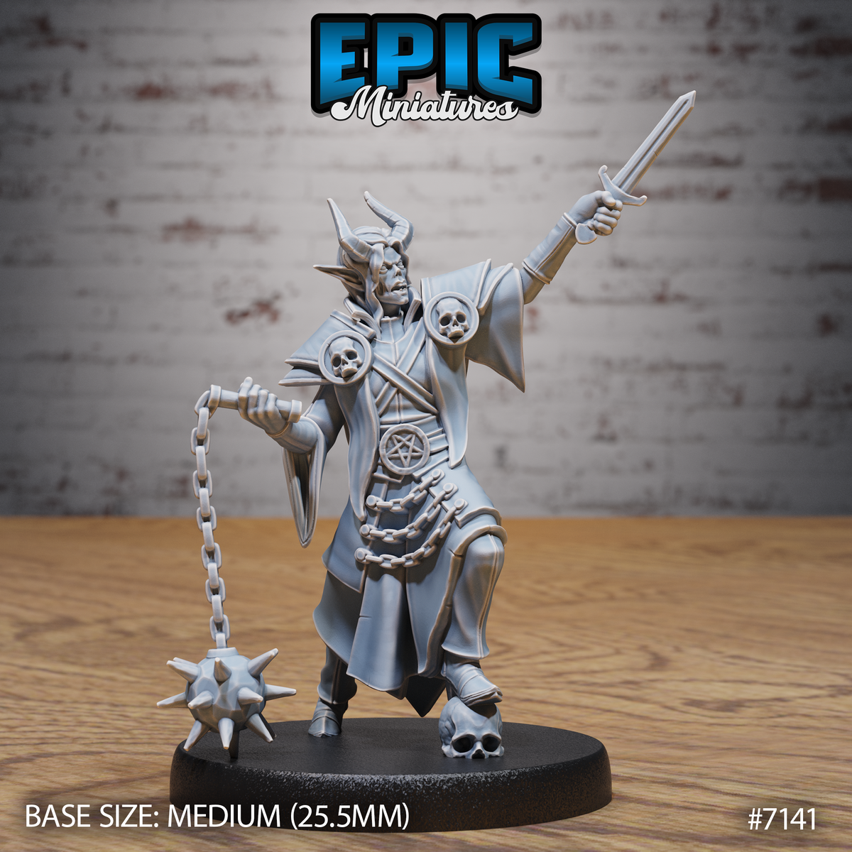 Horned undead tiefling raising a sword overhead, swinging a spiked flail on a chain, wearing layered robes over armour with skull shoulder medallions and a pentagram belt buckle. Sculpt by Epic Miniatures.