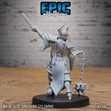 Undead tiefling fighter seen from behind, sword arm raised, spiked flail hanging from chain at side, long robes detailed with layered panels and armour beneath. Sculpt by Epic Miniatures.