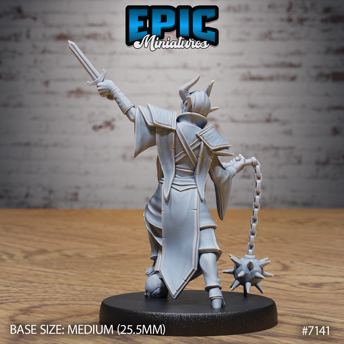Undead tiefling fighter seen from behind, sword arm raised, spiked flail hanging from chain at side, long robes detailed with layered panels and armour beneath. Sculpt by Epic Miniatures.
