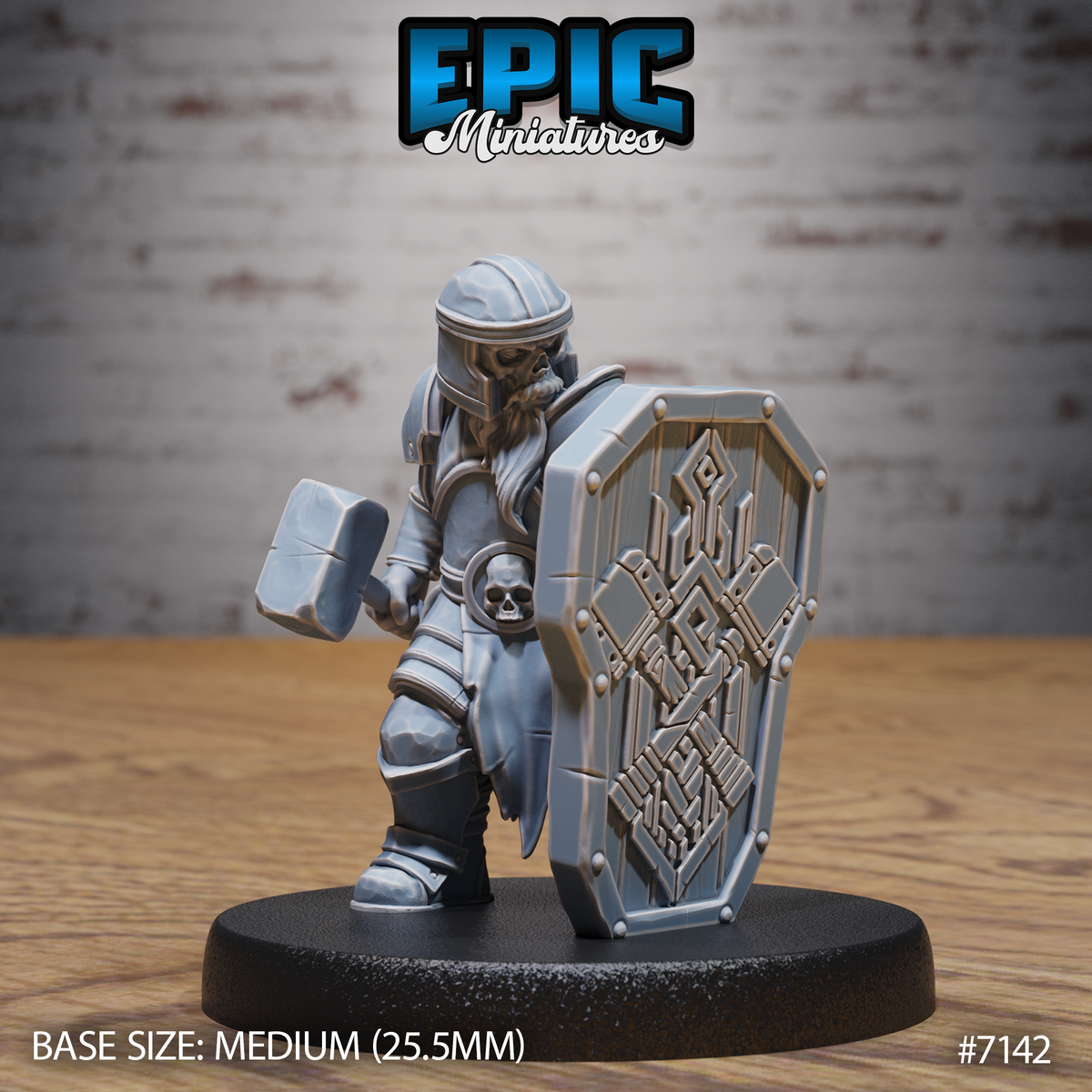 Undead dwarf fighter clutching a square-headed warhammer, braced behind a large heater shield engraved with geometric dwarven runes, wearing full plate armour with a skull belt clasp. Sculpt by Epic Miniatures.
