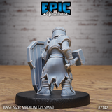 Undead dwarf fighter seen from behind, showing layered plate armour with banded gauntlets, a worn tabard, and the plain reverse of a large heater shield, warhammer held at the side. Sculpt by Epic Miniatures.