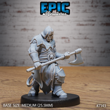 Broad-shouldered zombie orc barbarian gripping a long-hafted hand axe low across its body, wearing layered robes and armour with a skull belt buckle, decayed tusked face visible beneath a pulled-back hood. Sculpt by Epic Miniatures.