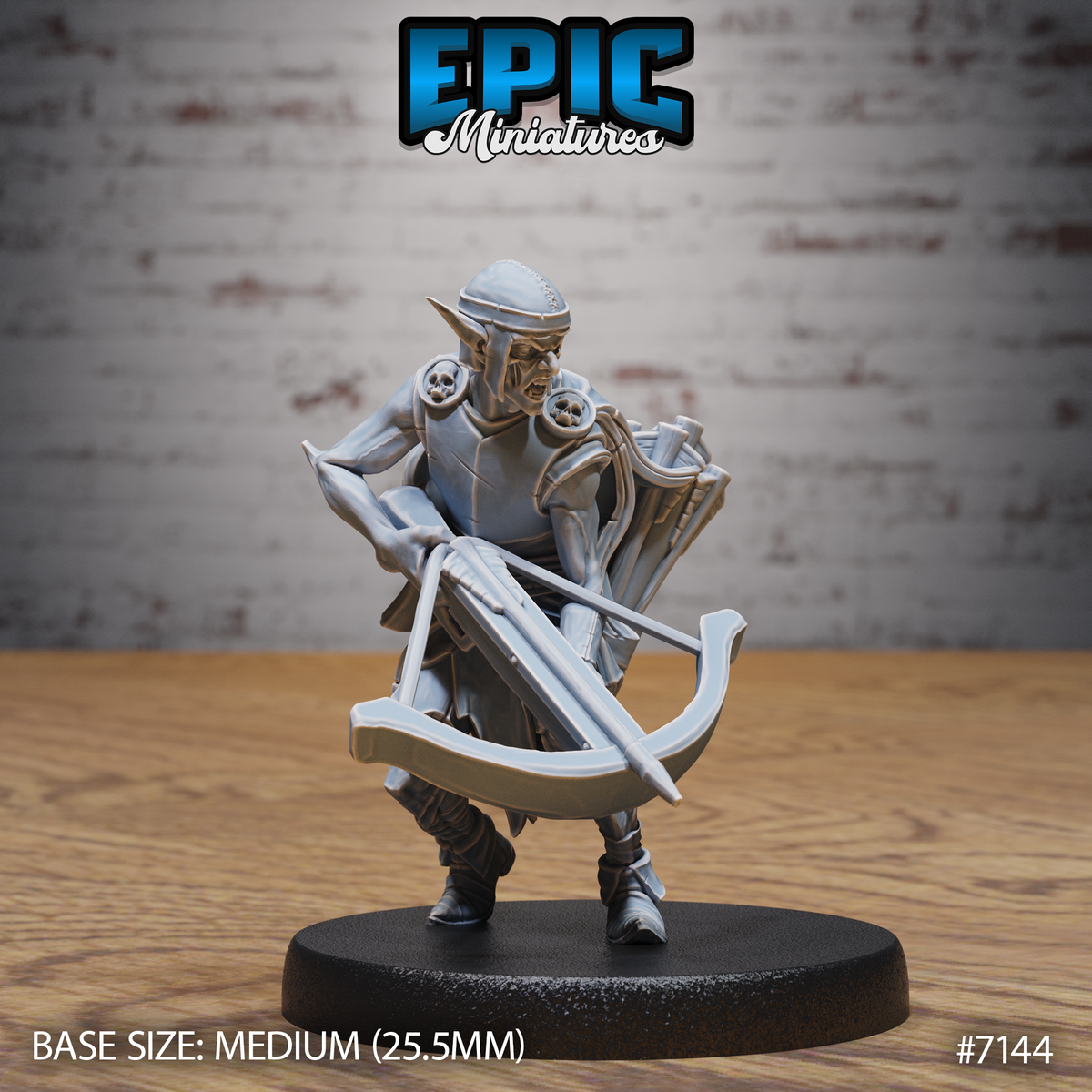 Zombie goblin miniature crouched forward, clutching a heavy crossbow in both hands, jaw open in a snarl. Skull pauldrons, layered leather coat, quiver of bolts on its back. Sculpt by Epic Miniatures.