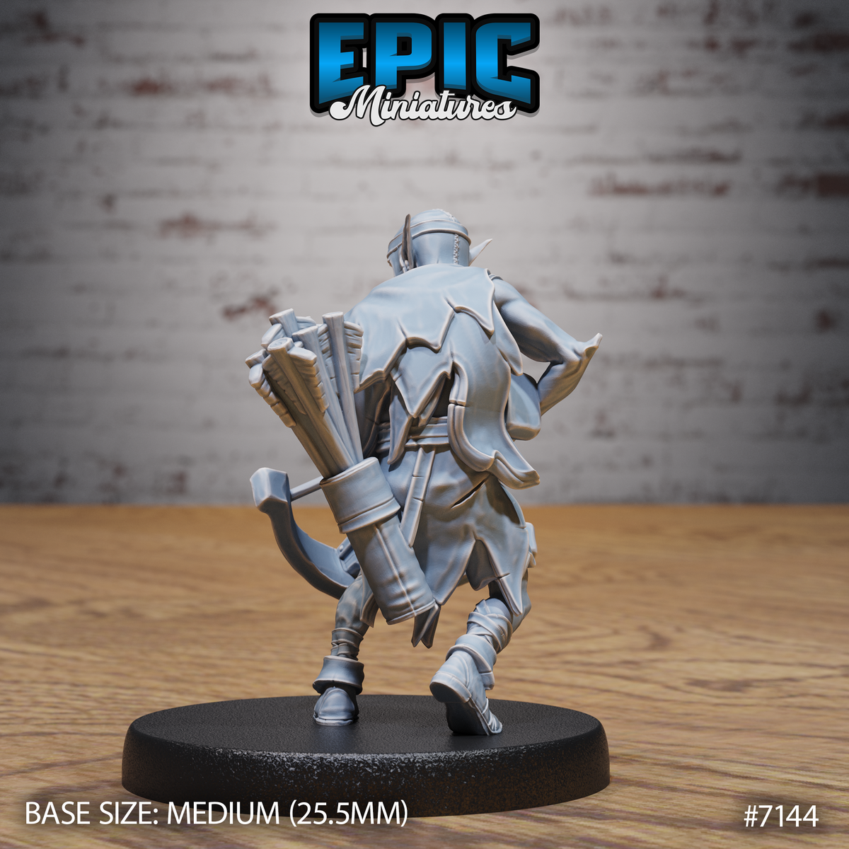 Zombie goblin miniature seen from behind, showing a full quiver of bolts strapped across its back and tattered leather coat with angular armour plates. Mid-stride pose. Sculpt by Epic Miniatures.