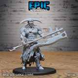 Imposing horned-mask giant gripping a massive poleaxe low in both hands, bare scarred torso, rope-bound shredded cloth skirt, heavy chain necklace, on a large round base. Sculpt by Epic Miniatures.