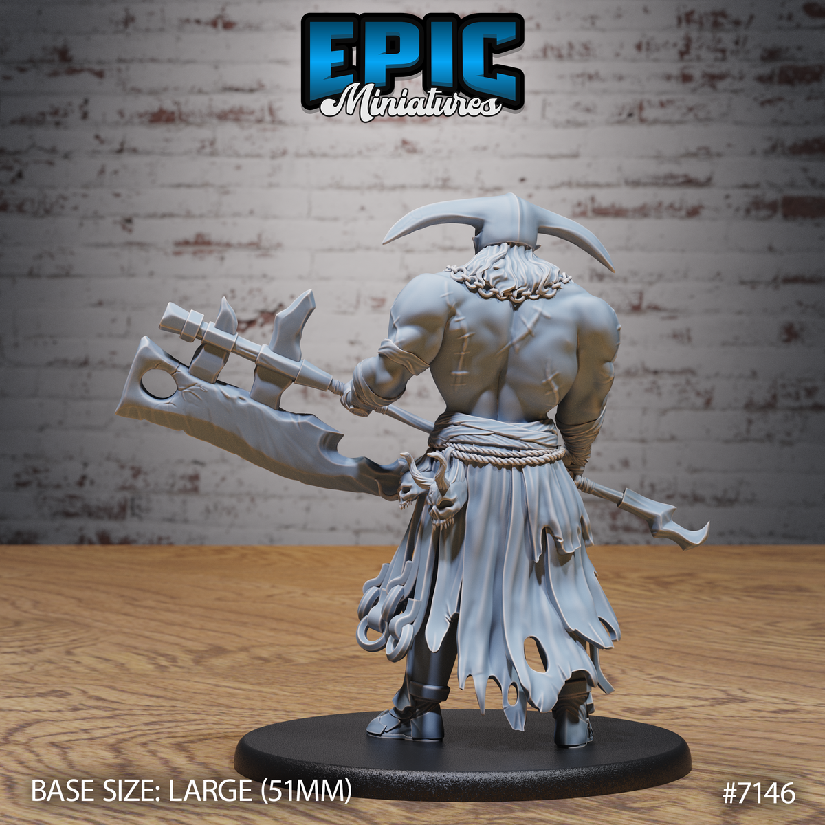 Broad-shouldered masked giant seen from behind, long hair visible below the horned skull mask, wielding a large poleaxe, deep muscle and scar detail across the back, rope belt and tattered cloth. Sculpt by Epic Miniatures.