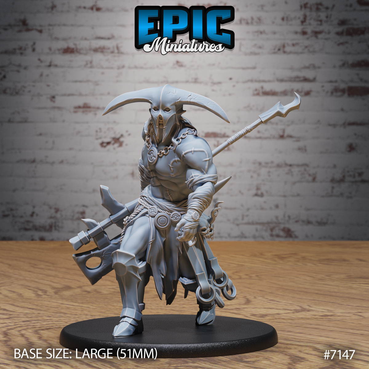 Masked giant executioner striding forward, carrying a long hooked polearm over one shoulder and gripping a skull trophy in the opposite hand, wearing heavy chained armour with rune markings and a ragged tattered skirt. Sculpt by Epic Miniatures.