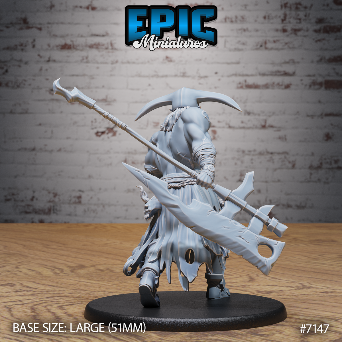 Giant executioner seen from behind, broad-shouldered with a curved horned iron mask, dual polearms crossing the back — one long-hafted spear, one hooked blade — muscular torso exposed with wrapped forearms and torn cloth hanging to the base. Sculpt by Epic Miniatures.