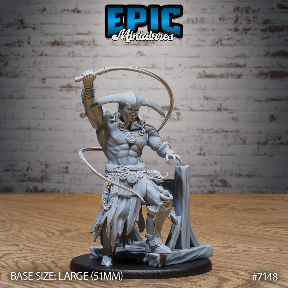 Broad, bare-chested masked giant raising a long whip overhead in a wide arc, wearing tattered rope-belted robes and a horned mask, standing on a wooden scaffold scenic base. Sculpt by Epic Miniatures.