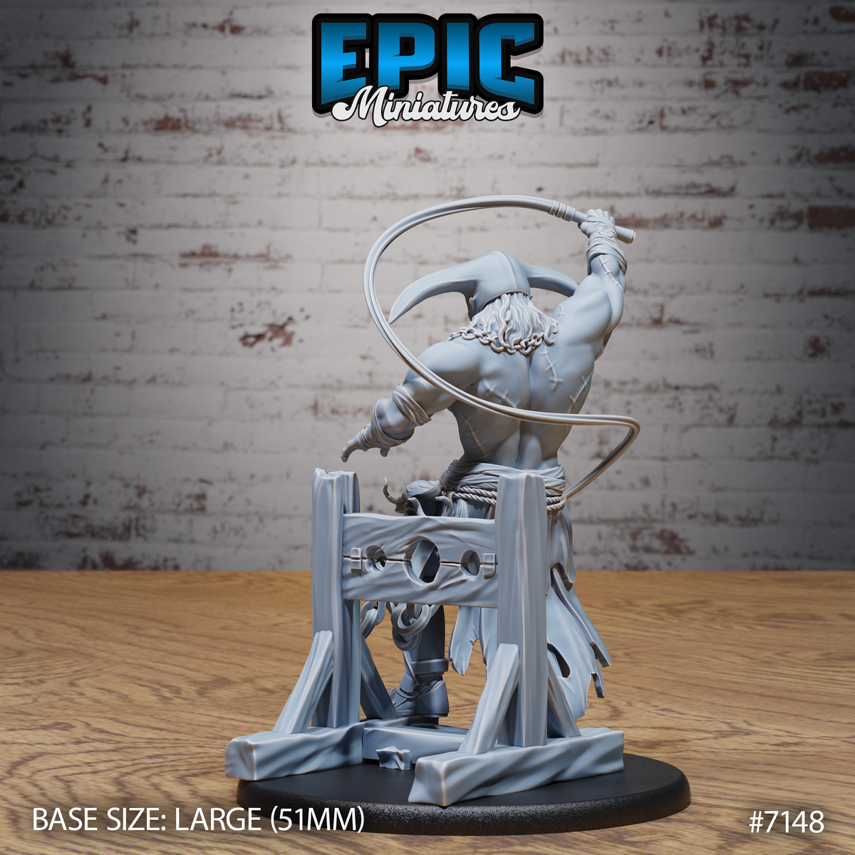 Heavily muscled masked giant figure seen from behind, whip looping dramatically overhead, scarred back exposed, rope belt and tattered robes visible, atop a detailed timber scaffold base with iron ring fastenings. Sculpt by Epic Miniatures.