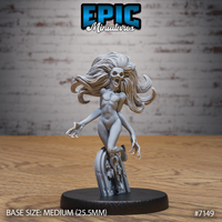 Restless Soul miniature by Epic Miniatures: a shrieking undead female figure surging upward, skull-like face open in a wail, long wild hair flowing outward, arms outstretched with clawed hands, rising from a cracked graveyard slab base strewn with small skulls.