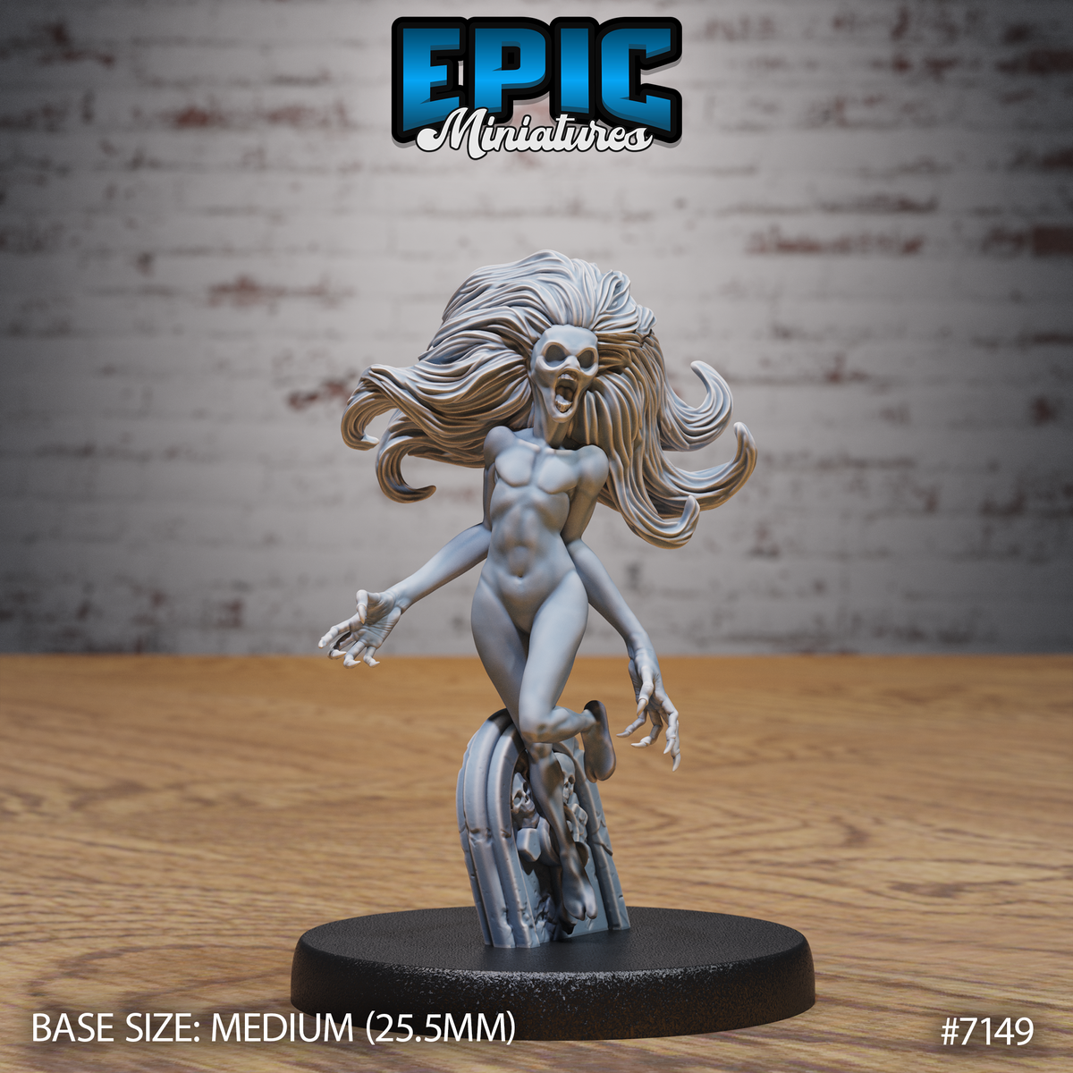 Restless Soul miniature by Epic Miniatures: a shrieking undead female figure surging upward, skull-like face open in a wail, long wild hair flowing outward, arms outstretched with clawed hands, rising from a cracked graveyard slab base strewn with small skulls.