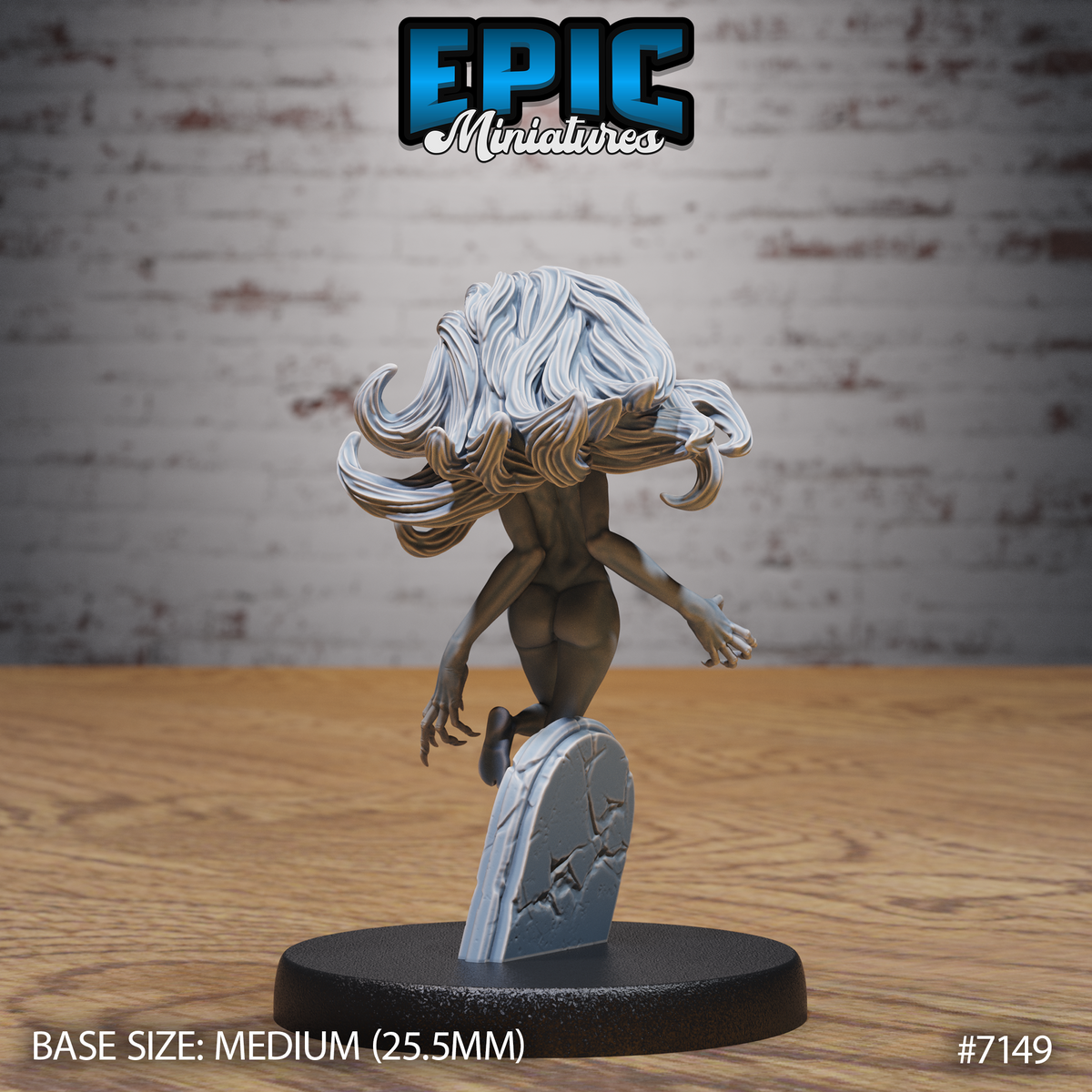 Restless Soul miniature by Epic Miniatures seen from behind: wild multi-layered hair cascading down the back, arms spread wide with clawed fingers, one leg raised mid-lunge, standing on a cracked stone grave slab base with visible fracture detail.