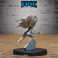 Undead female figure leaning forward in a running lunge, one clawed hand raised at chest height, long flowing hair sweeping dramatically behind her head, standing on a fractured flat stone base. Sculpt by Epic Miniatures.