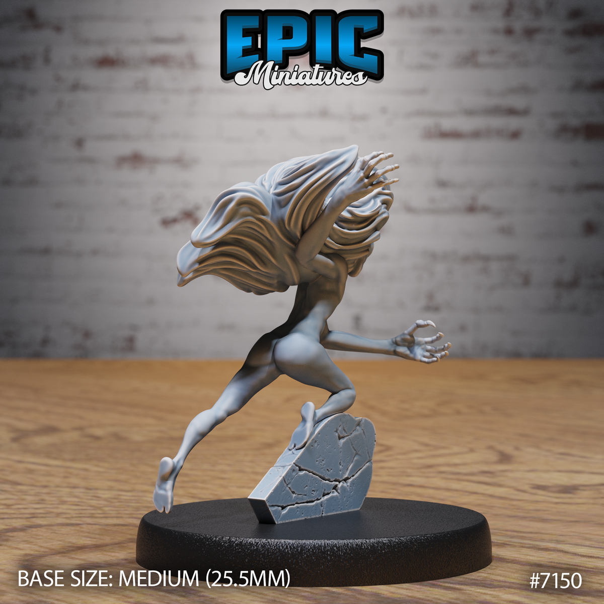 Undead female figure leaning forward in a running lunge, one clawed hand raised at chest height, long flowing hair sweeping dramatically behind her head, standing on a fractured flat stone base. Sculpt by Epic Miniatures.