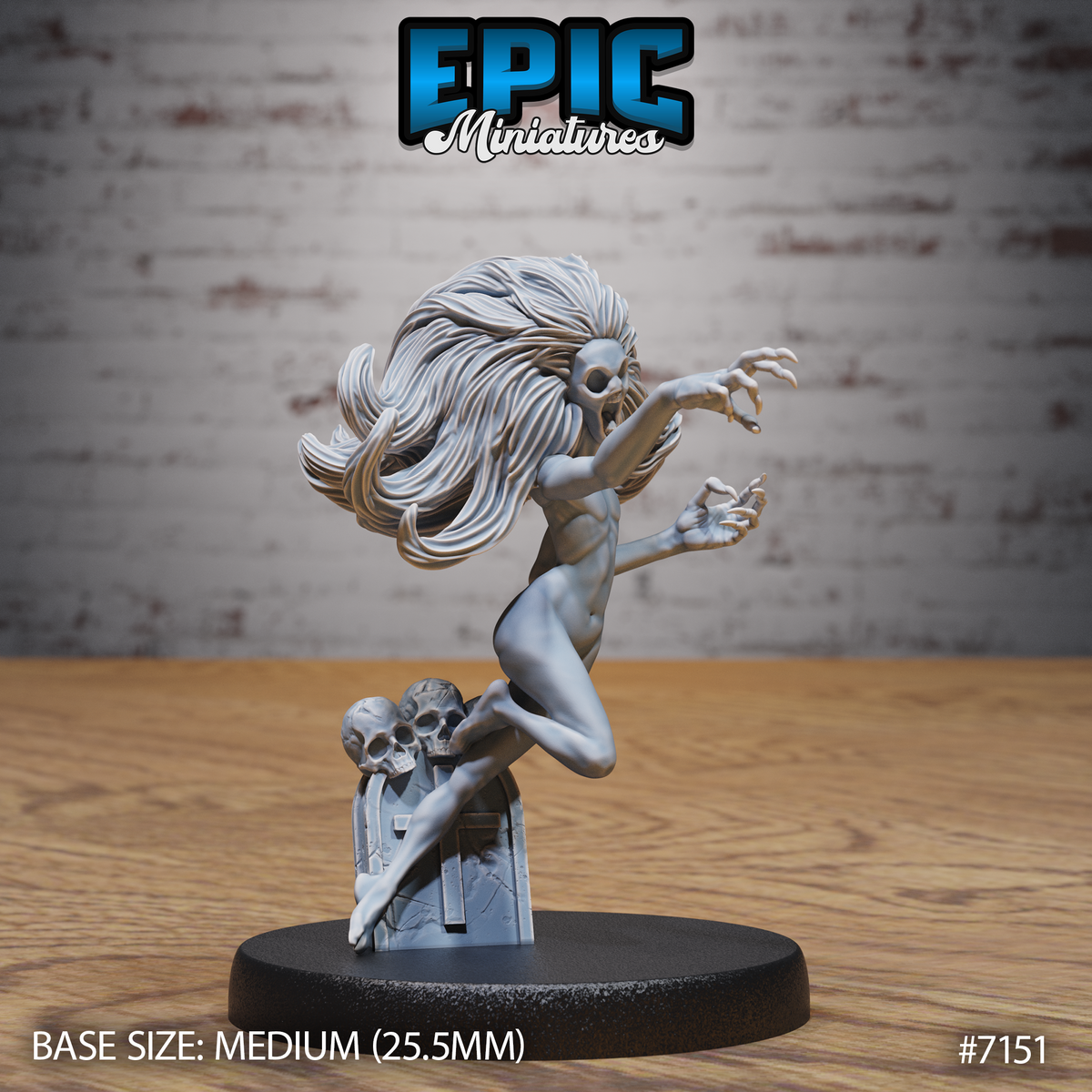 Gaunt female undead spirit rising from a skull-topped grave pillar, arms outstretched with clawed fingers, wild hair flowing sideways, hollow eye sockets, by Epic Miniatures.