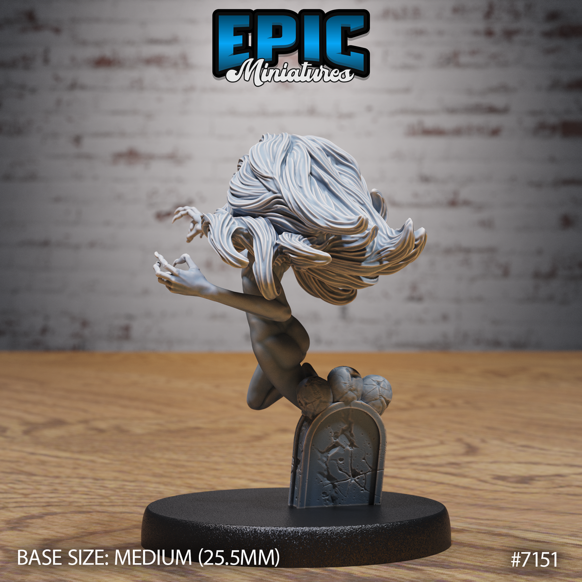Undead female spirit sculpt seen from behind, wild hair billowing forward to obscure her face, clawed hands reaching outward, mounted on a grave marker base with carved arch detail, by Epic Miniatures.