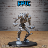 Bone Champion by Epic Miniatures — a large skeletal reptilian humanoid mid-stride with one leg raised, arms spread wide, exposed ribcage and dorsal ridges prominent, base scattered with crushed skulls and bone fragments.