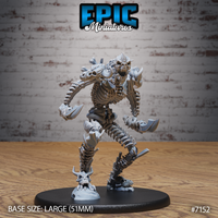 Bone Champion by Epic Miniatures — a large skeletal reptilian humanoid mid-stride with one leg raised, arms spread wide, exposed ribcage and dorsal ridges prominent, base scattered with crushed skulls and bone fragments.