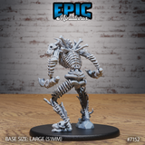 Bone Champion by Epic Miniatures — rear view of the skeletal reptilian warrior showing layered spinal ridges and protruding bone structures across the back, with a rock formation and bone debris at the base.