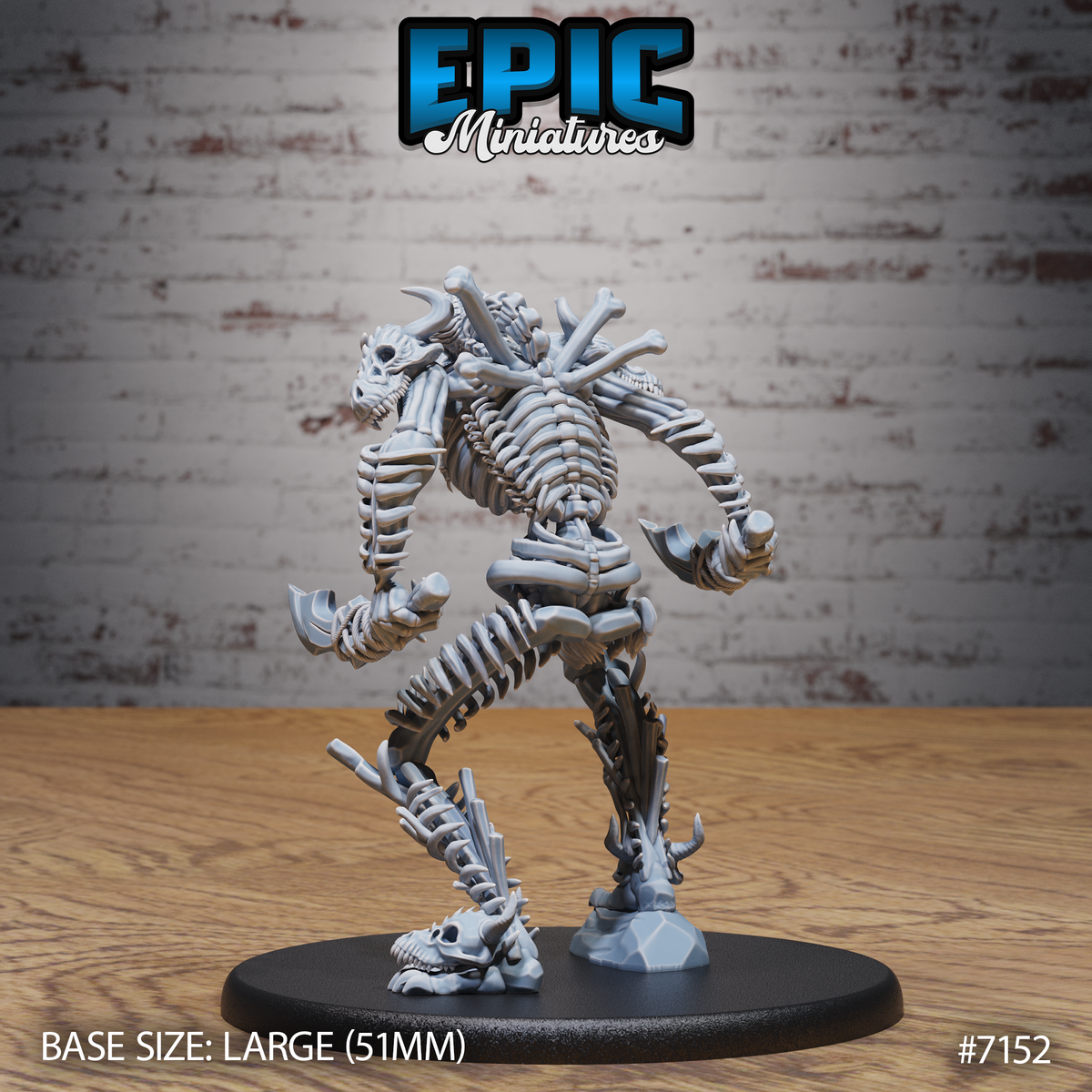 Bone Champion by Epic Miniatures — rear view of the skeletal reptilian warrior showing layered spinal ridges and protruding bone structures across the back, with a rock formation and bone debris at the base.