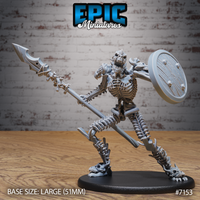 Skeletal lizardfolk warrior lunging forward, driving a long bone-spear low with one arm while raising a round wooden shield at the shoulder. Jaws open wide, skulls at its clawed feet. Sculpt by Epic Miniatures.
