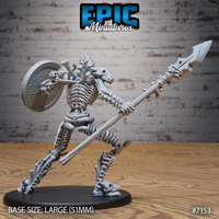 Skeletal lizardfolk champion mid-stride, spear extended outward at head height and shield pulled close to the torso. Reptilian skull with broad snout, layered rib cage, vertebral tail trailing behind. Sculpt by Epic Miniatures.