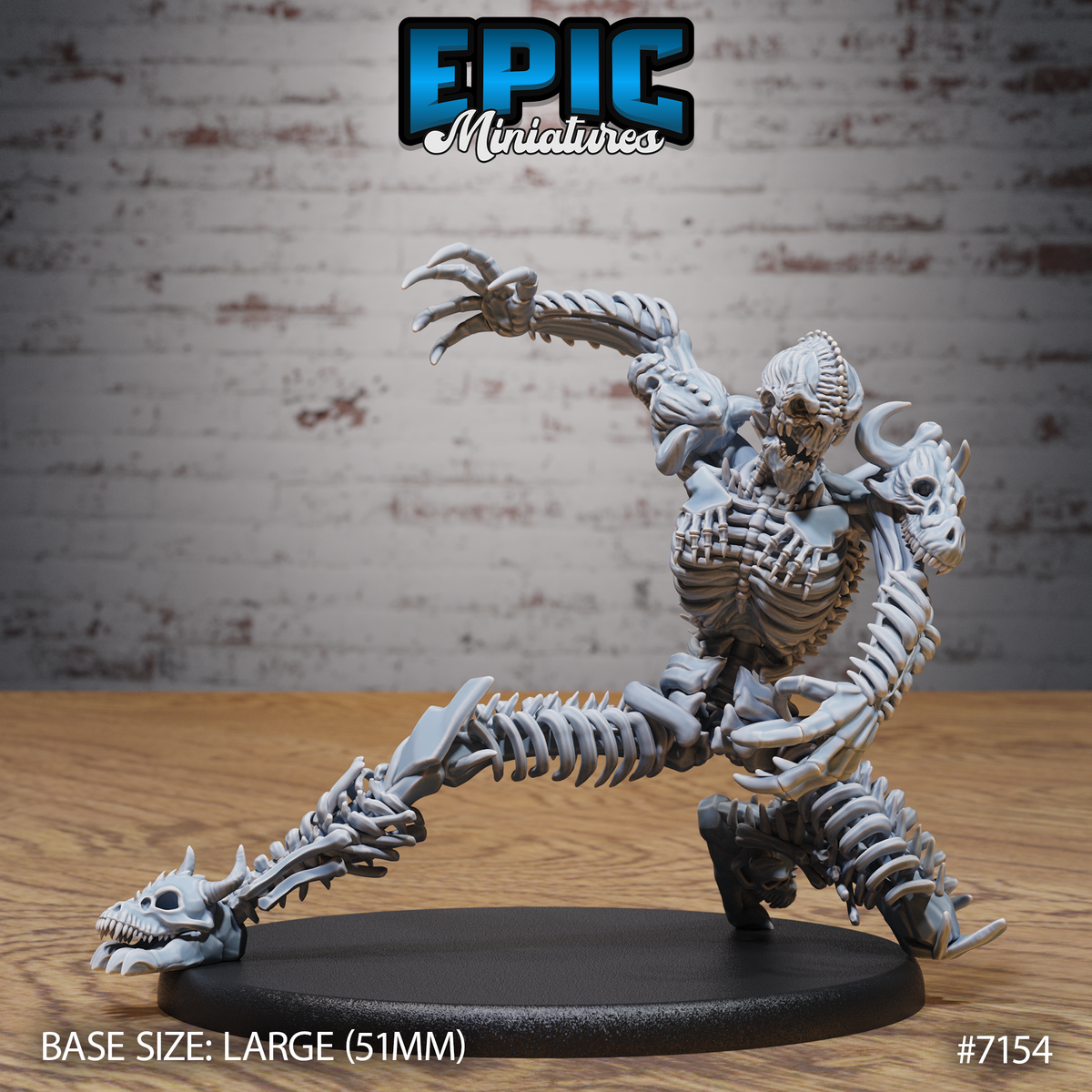 Bone Champion Claws by Epic Miniatures — skeletal large creature lunging forward, one elongated claw arm raised and splayed, serpentine bone tail and beast skull trailing behind, layered ribcage torso, horned skull head with gaping jaw, on a large oval base.