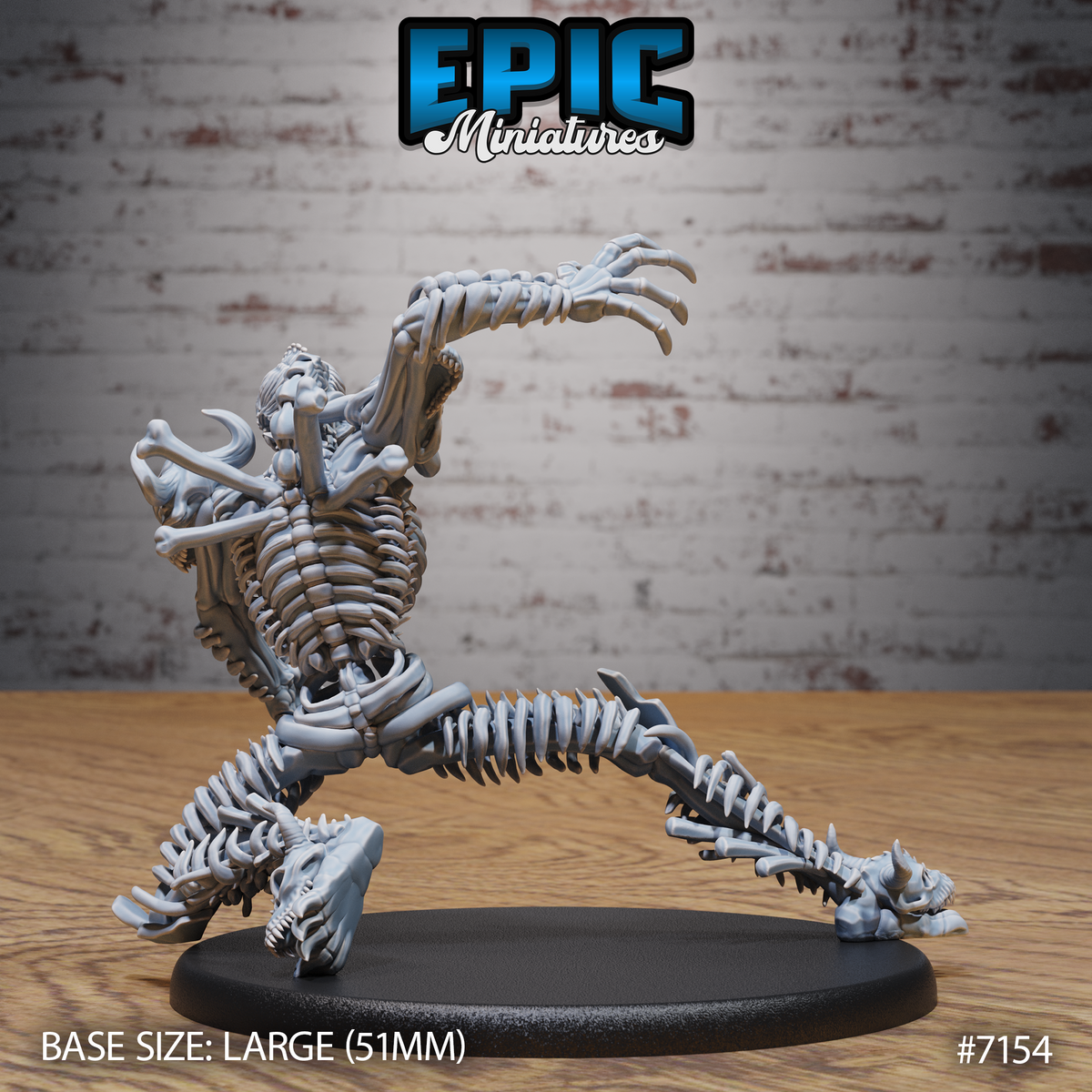 Bone Champion Claws by Epic Miniatures — rear view of the skeletal creature mid-lunge, showing the full length of the vertebral tail ending in a fanged skull, layered rib detail across the back, and long clawed arm outstretched upward with spread fingers.