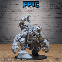 Corpse Golem miniature by Epic Miniatures — hulking undead construct rearing one clawed arm overhead, torso covered in skulls, pockmarked cavities and fused limbs, mounted on a 76.5mm base with a tree-stump style rocky insert.
