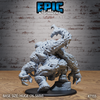 Corpse Golem miniature by Epic Miniatures — viewed from a lower angle, showing the hunched lurching body mass, multiple splayed clawed limbs, deeply textured sinew and hollow cavities across the broad chest and shoulders.