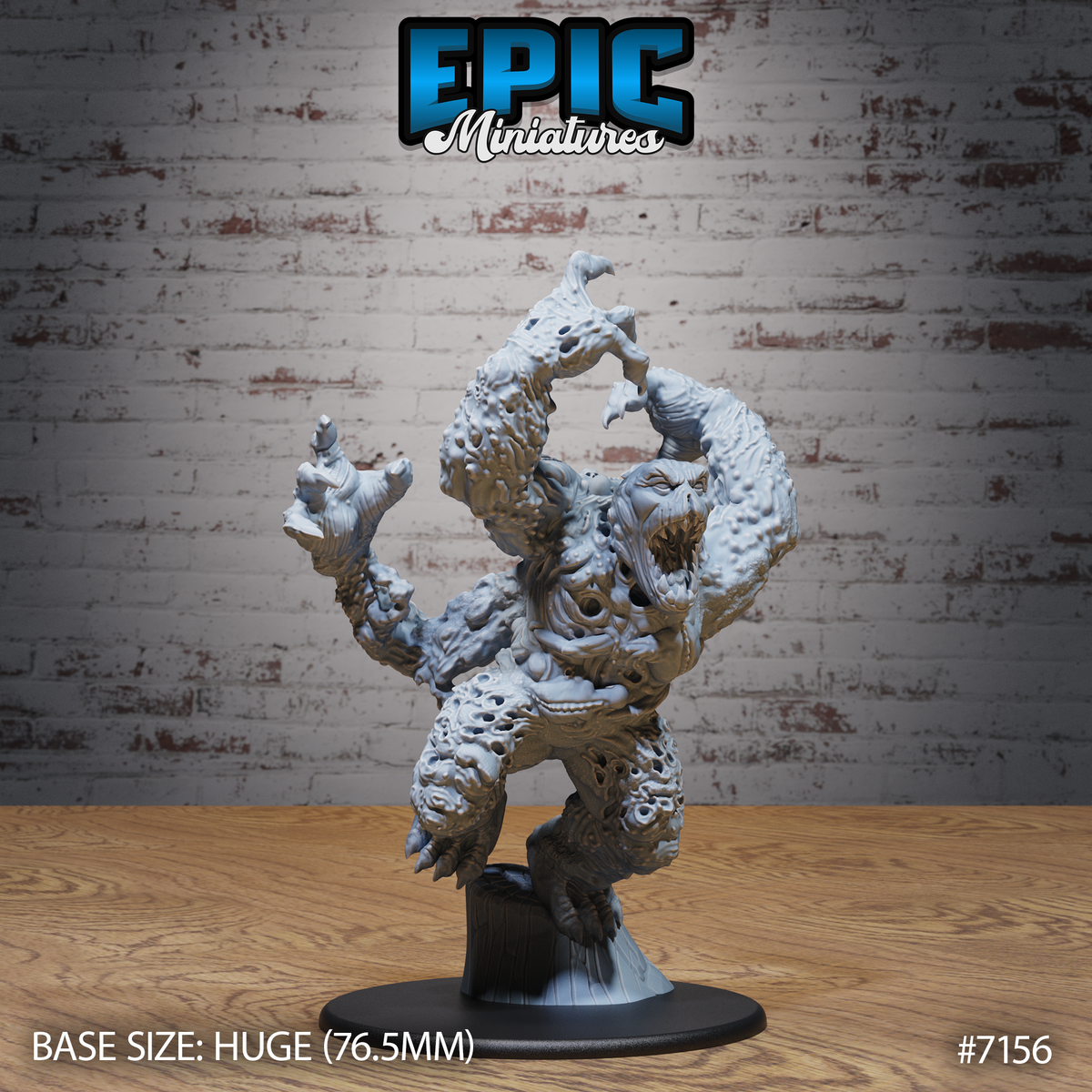 Corpse Golem by Epic Miniatures — massive undead construct rearing up, both arms raised wide, claws splayed, single hollow eye socket and gaping maw visible on its pockmarked, cavity-riddled torso. Huge 76.5mm base.
