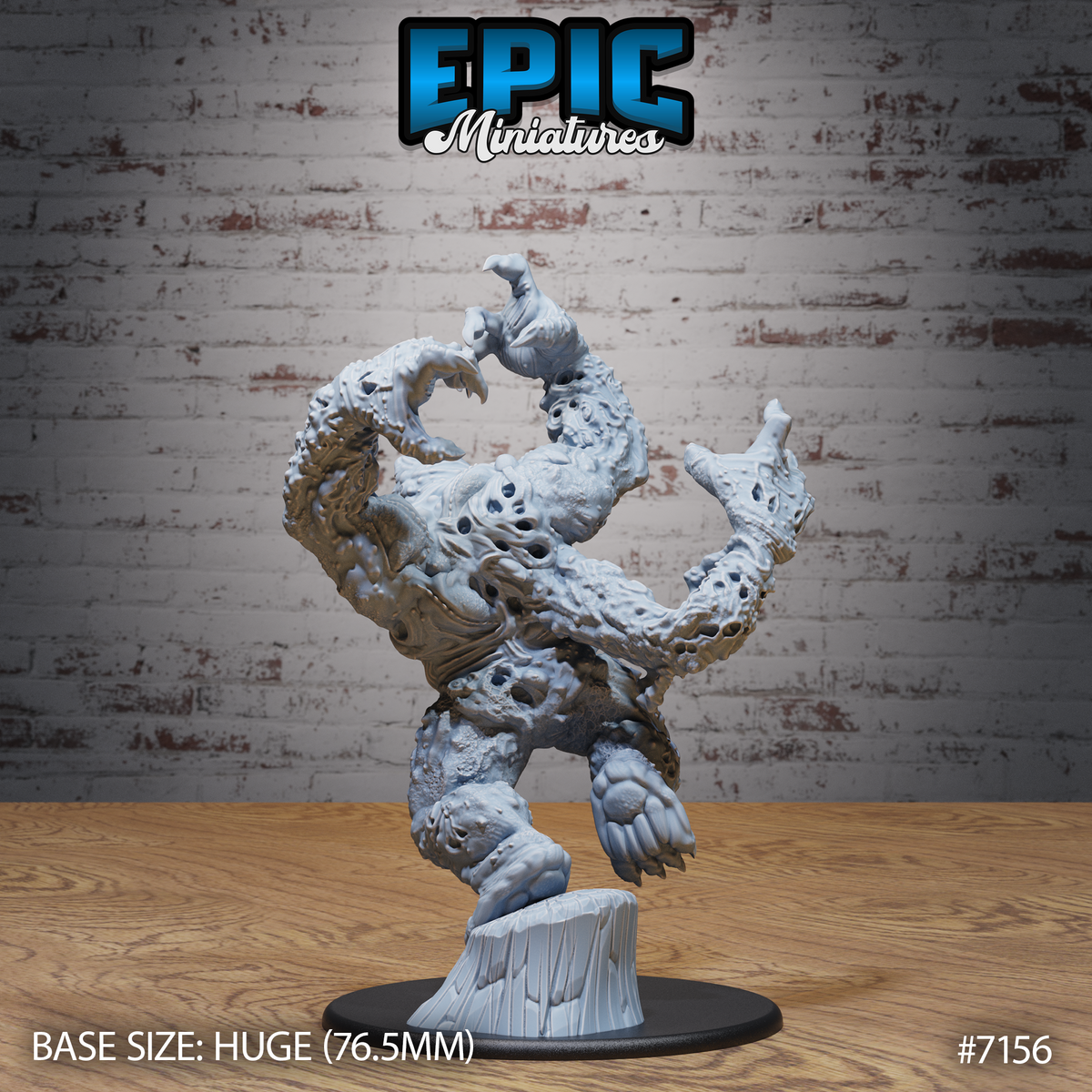 Corpse Golem by Epic Miniatures — rear view showing heavily textured back with deep pockmarks and fused sinew, long ropey arms stretching upward to hooked claws, knees bent in a lunging stance on a huge round base.