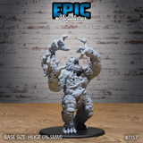 Huge corpse golem miniature with arms raised overhead and mouth wide open in a roar, body covered in pitted, puckered flesh texture with hollow cavities throughout, clawed hands splayed, on a large oval base. Sculpt by Epic Miniatures.